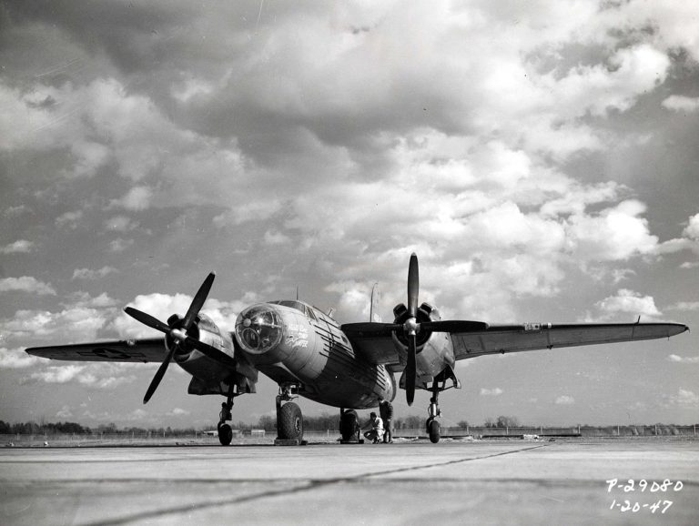 A low-angle view of the XB-26H Marauder and its experimental "bicycle" landing gear. 1947