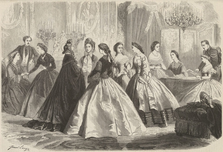 Modes d'hiver, 1861. The types of fabric represented in this print are mainly velvet (for the coats) and satin, which were particularly fashionable at the time.