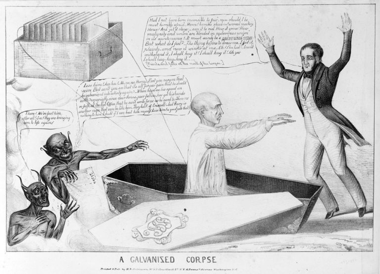 Rising of a corpse galvanized by a primitive galvanic battery. 1836