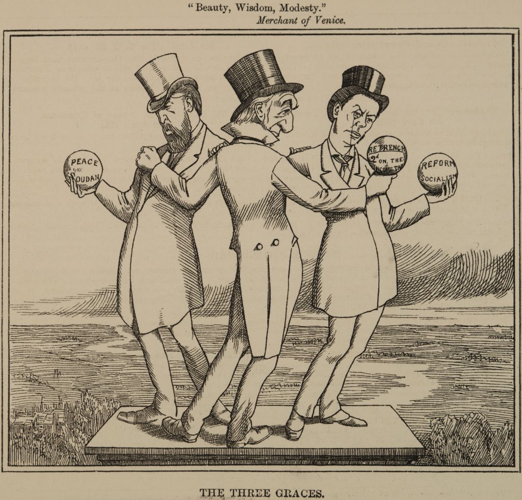 Three men posing on a pedestal, holding balls that say "Peace with Soudan", "Retrench", and "Reform Socialism". Line drawing. 1885